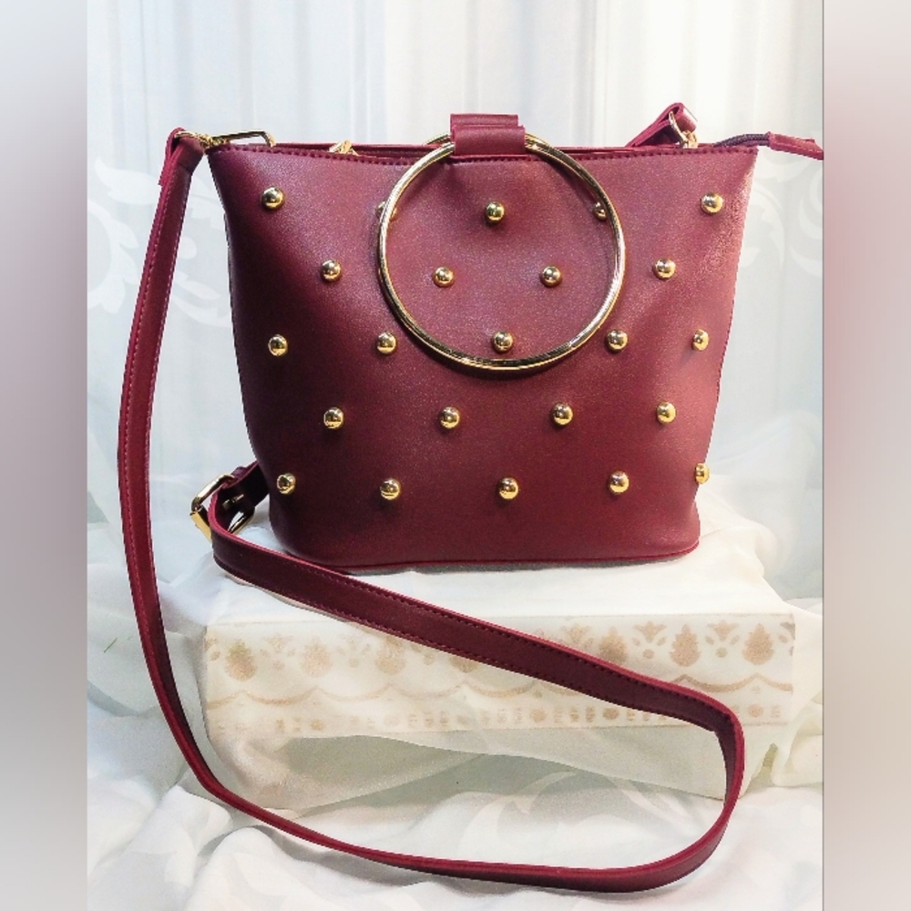 “Mackenzie” Vegan Studded Crossbody Bag Red Gold